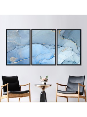 Kayra Export 3 Parçalı Siyah Çerçeveli Kanvas Tablo Mavi Mermer Kanvas Poster Altın Kanvas