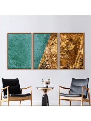 Kayra Export 3 Parçalı Naturel Çerçeveli Kanvas Tablo Modern Kanvas Soyut Duvar Dekoru Altın Sanat