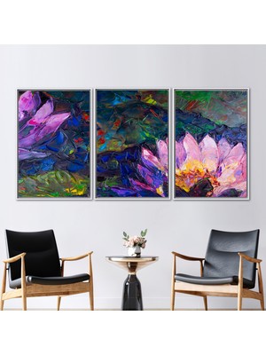Kayra Export 3 Parçalı Beyaz Çerçeveli Kanvas Tablo Botanik Hediye Kanvas Çiçek Posteri Soyut Lotus Sanat Eser
