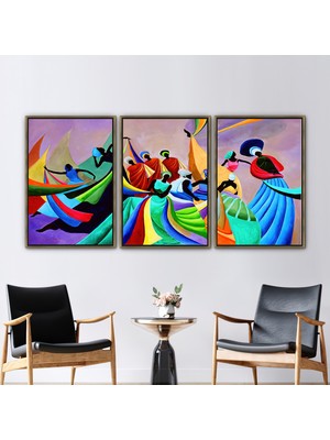 Kayra Export 3 Parçalı Gold Çerçeveli Kanvas Tablo Etnik Kanvas Soyut Baskılı Soyut Sanat Afrika Sanat Eseri