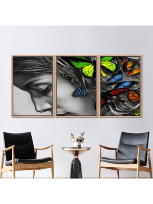 Kayra Export 3 Parçalı Naturel Çerçeveli Kanvas Tablo Kadın Kanvas Kız Portre Duvar Süsü Çağdaş Kanvas