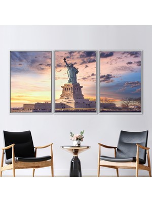Kayra Export 3 Parçalı Beyaz Çerçeveli Kanvas Tablo Özgürlük Anıtı New York Peyzajı Hediye Kanvas