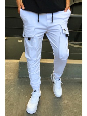Denim Republic Erkek Beyaz Kargo Cepli Eşofman Altı