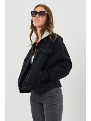 Vintage Denim Kadın Siyah Yakası Kürklü Oversize Kot Ceket