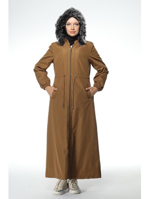 Kahve Kadın Kapüşonlu Bağcıklı Fermuarlı Trenchcoat