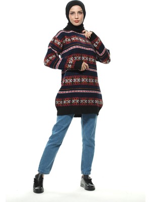 Siyah Kadın Şardonlu Kilim Desenli Tunik