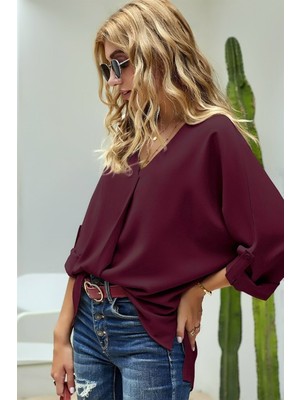 Glamify Fashion V Yaka Katlamalı Uzun Kol Göğüs Kat Detaylı Önü Kısa Arkası Uzun Geniş Rahat Kesim Şık ve Cool Bluz