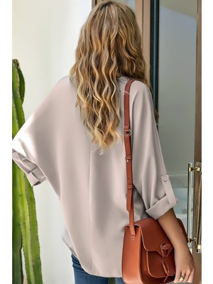 Glamify Fashion V Yaka Katlamalı Uzun Kol Göğüs Kat Detaylı Önü Kısa Arkası Uzun Geniş Rahat Kesim Şık ve Cool Bluz