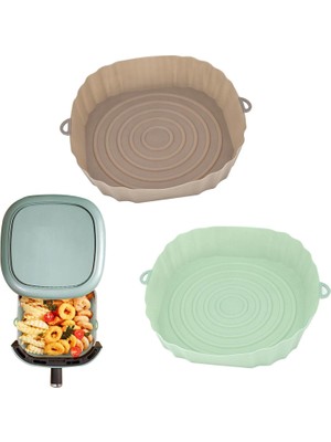 2 Adet Silikon Hava Ryzler Fırın Pişirme Tepsisi Pizza Kızarmış Tavuk Airfryer Silikon Sepet Kullanımlık Airfryer Pan Yeşil Gri Liner Aksesuarları