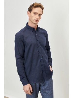 Altınyıldız Classics Erkek Lacivert Slim Fit Dar Kesim Düğmeli Yaka Flanel Oduncu Gömlek