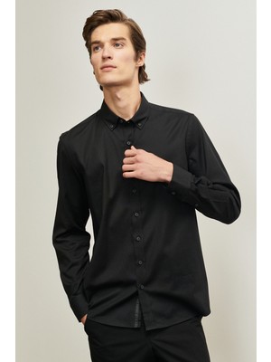 ALTINYILDIZ CLASSICS Erkek Siyah Slim Fit Dar Kesim Düğmeli Yaka Gabardin Desenli Gömlek