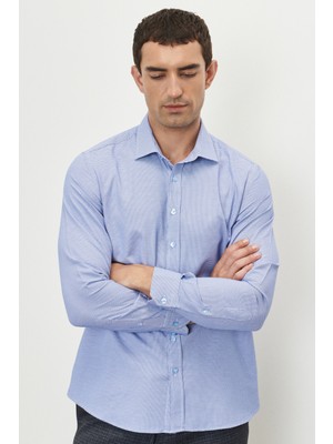 Altınyıldız Classics Erkek Mavı-beyaz Slim Fit Dar Kesim Klasik Yaka Armürlü Gömlek