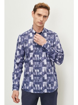 ALTINYILDIZ CLASSICS Erkek Lacivert Slim Fit Dar Kesim Düğmeli Yaka %100 Pamuk Baskılı Gömlek