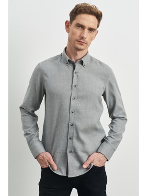 ALTINYILDIZ CLASSICS Erkek Açık Gri Slim Fit Dar Kesim Düğmeli Yaka Flanel Oduncu Gömlek