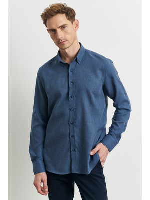 ALTINYILDIZ CLASSICS Erkek Indigo Slim Fit Dar Kesim Düğmeli Yaka Flanel Oduncu Gömlek