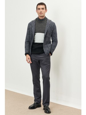 ALTINYILDIZ CLASSICS Erkek Lacivert-gri Slim Fit Dar Kesim Kırlanıgıç Yaka Ekose Desenli Yünlü Ceket