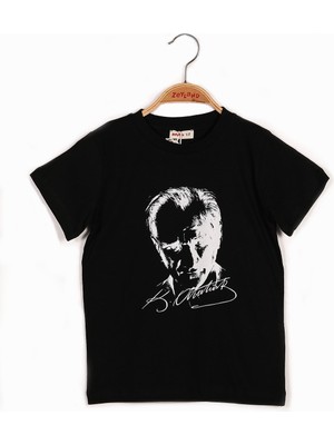 Unisex Çocuk Atatürk Baskılı Siyah T-Shirt (4-12YAŞ)