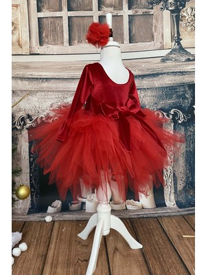 Shecco Babba Kız Çocuk Kırmızı Tüllü Abiye Elbise, Parti Elbisesi, Kırmızı Doğum Günü Elbisesi, Bandana