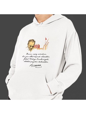Atatürk Baskılı Cepli, Kapşonlu Beyaz Unisex Sweatshirt HK2290