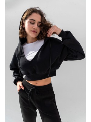 la & vetta Siyah Kapüşonlu V Yaka Crop Kalın Içi Polarlı Örme Sweatshirt