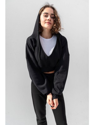 la & vetta Siyah Kapüşonlu V Yaka Crop Kalın Içi Polarlı Örme Sweatshirt