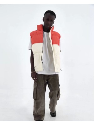 Erkek Hakim Yaka Fermuarlı Çift Renk Jel Dolgu Şişme Yelek - Bej/turuncu