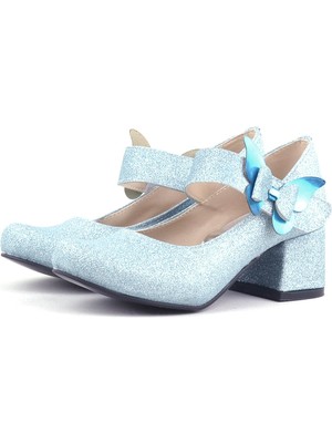 Hapshoe Kids Mavi Işıltılı Kelebekli Kız Çocuk Topuklu Ayakkabı