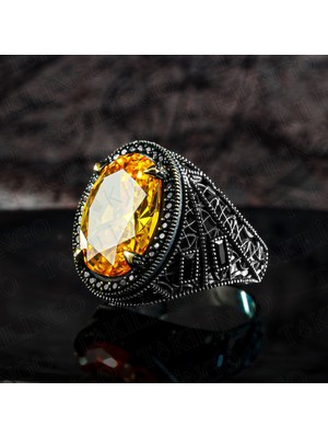 Takılingo 925 Ayar Gümüş Oval Sitrin Taşlı Erkek Yüzük