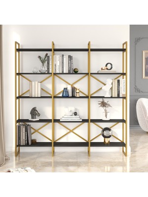 Robin Home Atlantis Gold Metal Kitaplık 5 Raflı Geniş 3 Bölme 175 cm Siyah