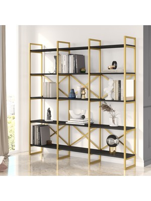 Robin Home Atlantis Gold Metal Kitaplık 5 Raflı Geniş 3 Bölme 175 cm Siyah