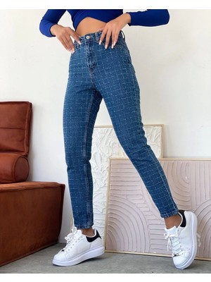 Aworld Design Mavi Kare Desenli Jean Pantolon