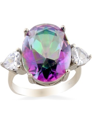 Silveranka 925 Ayar Gümüş Oval Mistik Topaz Kalp Detaylı Yüzük