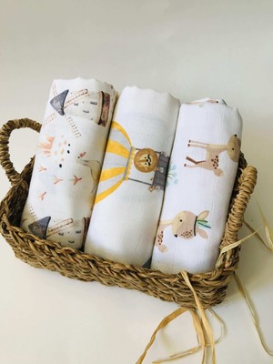 juniperus 3 Adet Desenli Müslin Bezi Battaniye Yumuşak ve Nefes Alan Bebek Örtüsü