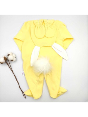 Bebek Star Tavşan Model Şapkalı Eldivenli Patikli Sarı Ponponlu %100 Cotton Bebek Tulum Takımı