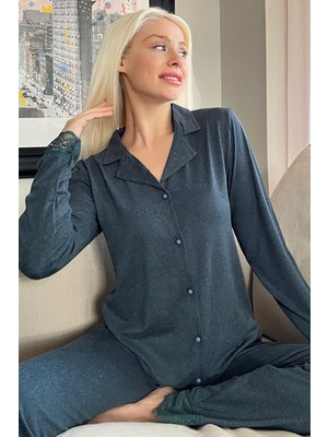 Pijama Evi Yeşil Önden Düğmeli Bambu Uzun Kol Pijama Takımı