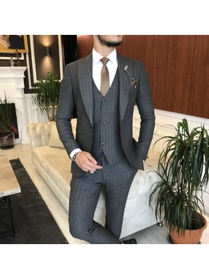 Terzi Adem Italyan Stil Slim Ceket Yelek Pantolon Takım Elbise Antrasit T6243