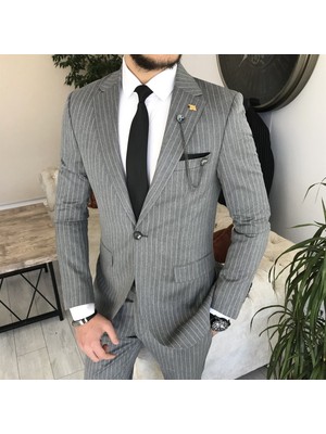 Terzi Adem Italyan Stil Slim Fit Çizgili Erkek Ceket Pantolon Takım Elbise Gri T7192