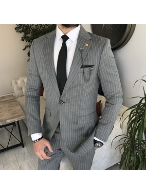 Terzi Adem Italyan Stil Slim Fit Çizgili Erkek Ceket Pantolon Takım Elbise Gri T7192