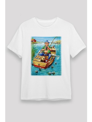 Balıkçı Baskılı Unisex Beyaz T-Shirt