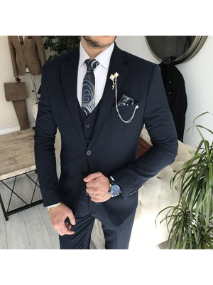 Terzi Adem Italyan Stil Slim Fit Ceket Yelek Pantolon Takım Elbise Lacivert T8359