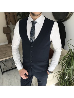 Terzi Adem Italyan Stil Slim Fit Ceket Yelek Pantolon Takım Elbise Lacivert T8359