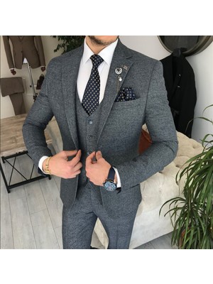 Terzi Adem Italyan Stil Slim Fit Ceket Yelek Pantolon Takım Elbise Lacivert T8352