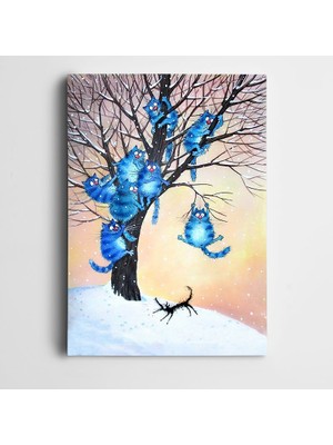 Dekolata Ağaçta Mavi Kediler Kanvas Tablo
