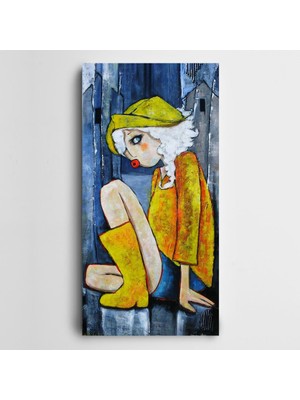 Dekolata Sarı Elbise Çizmeli Kadın Panoramik Kanvas Tablo