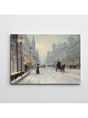 Dekolata Karlı Caddede At Arabası Yağlıboya Reprodüksiyon Kanvas Tablo