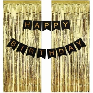 Çıtı Pıtı Store 2 Adet Gold Metalize Perde 1 Adet Siyah A Gold Varaklı Happy Bırthday Banner Yazı Set