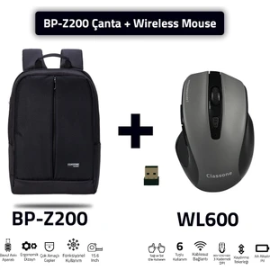 BP-Z200-WL600 Mouse -15.6" Su Geçirmez  Kumaş Laptop ,notebook Sırt Çantası Siyah+Kablosuz Mouse