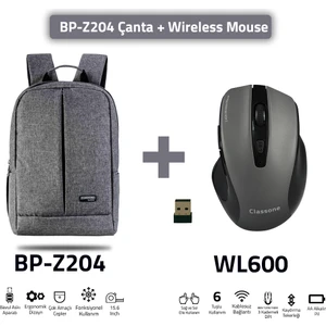 BP-Z204-WL600 Mouse -15.6" Su Geçirmez  Kumaş Laptop ,notebook Sırt Çantası Gri+Kablosuz Mouse