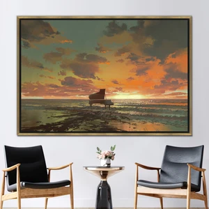Kayra Export 1 Parça Gold Çerçeveli Kanvas Tablo Sahilde Piyano Gün Batımı Kanvas Poster Piyano Sanat Eseri