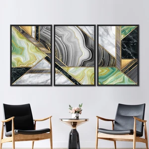 Kayra Export 3 Parçalı Siyah Çerçeveli Kanvas Tablo Yeşil Kanvas Baskı Gri Sanat Işıltılı Duvar Süsü